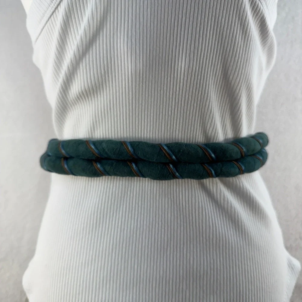 Vintage Wrap Belt Suede Leather One Size Teal Brown Braided Boho 90's Y2K